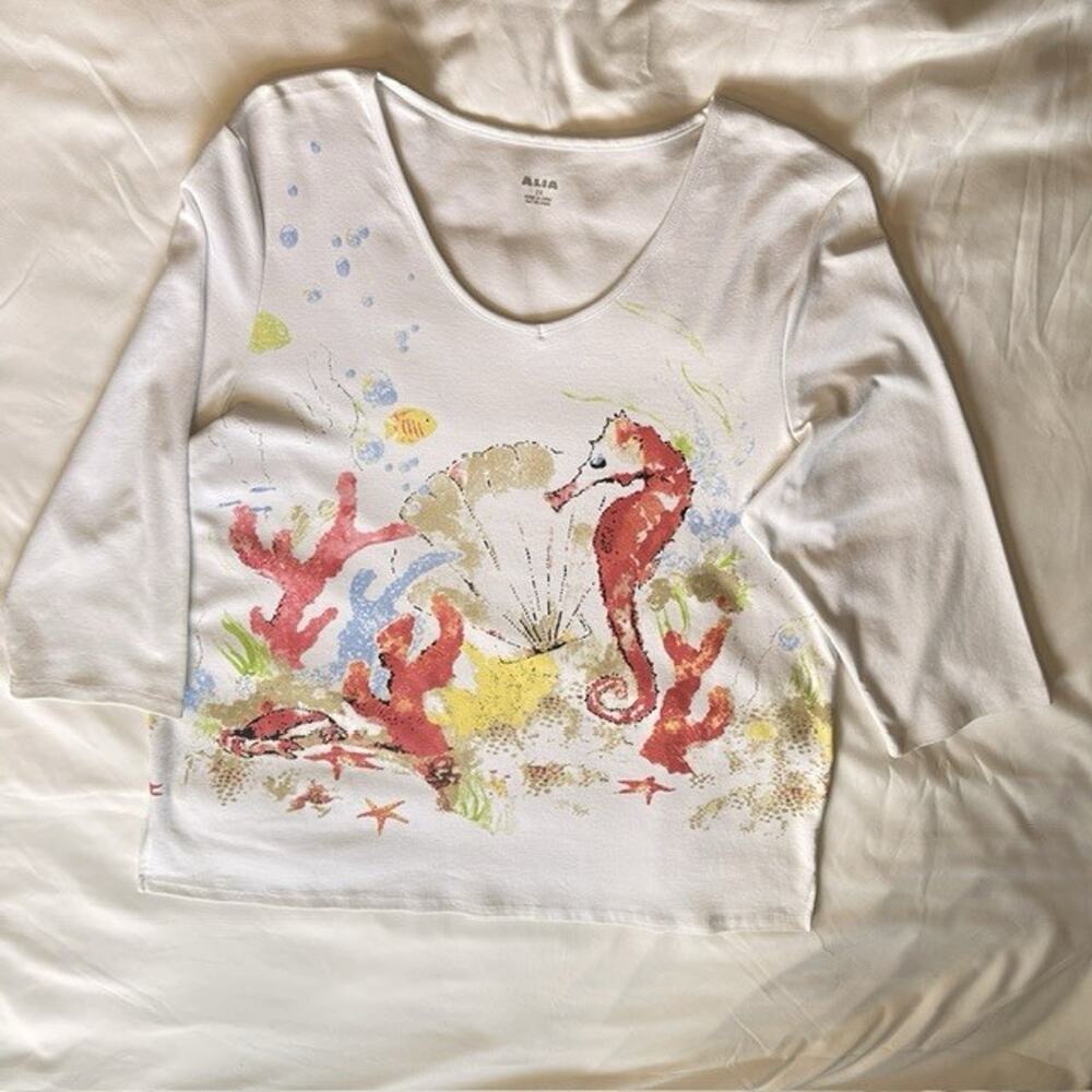 Alia V-Neck 2XL Blouse Shirt White w/Seahorse Sealife Coral Reef Ocean Casual - Picture 5 of 16